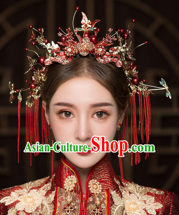 Chinese Traditional Red Butterfly Tassel Hair Clasp Bride Handmade Hairpins Wedding Hair Accessories Complete Set for Women