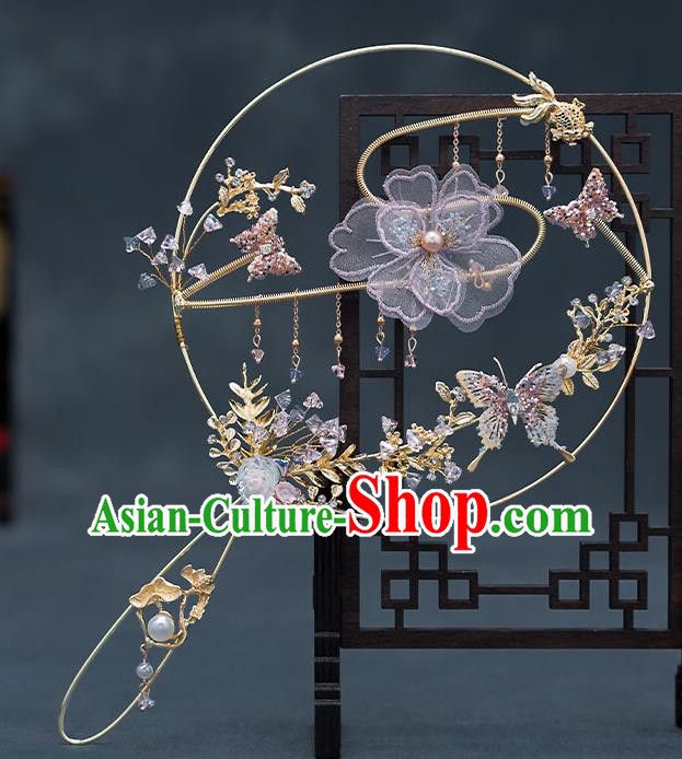 Chinese Traditional Wedding Lilac Flower Palace Fans Ancient Bride Prop Round Fan for Men