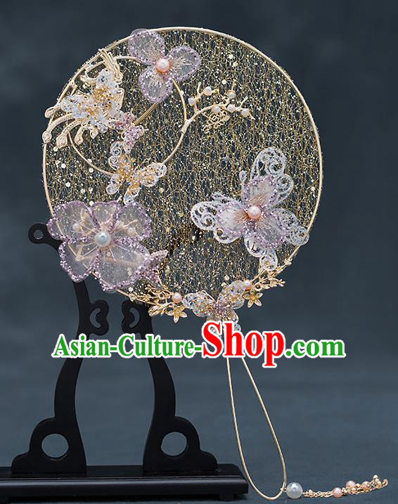 Chinese Traditional Wedding Lilac Butterfly Palace Fans Ancient Bride Prop Round Fan for Women
