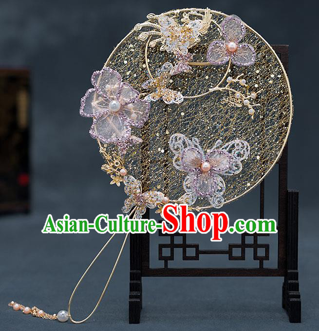 Chinese Traditional Wedding Lilac Butterfly Palace Fans Ancient Bride Prop Round Fan for Men