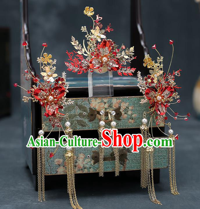 Chinese Traditional Red Flower Hair Comb Bride Handmade Hairpins Wedding Hair Accessories Complete Set for Women