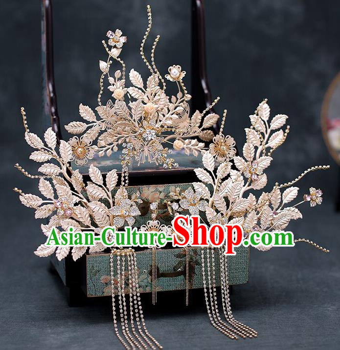 Chinese Traditional Champagne Leaf Hair Comb Bride Handmade Hairpins Wedding Hair Accessories Complete Set for Women