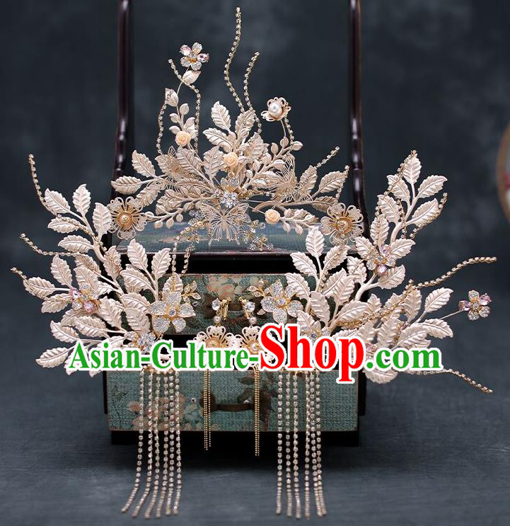 Chinese Traditional Champagne Leaf Hair Comb Bride Handmade Hairpins Wedding Hair Accessories Complete Set for Women