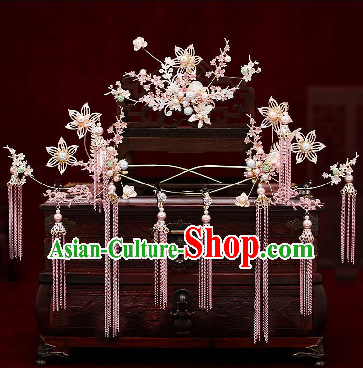 Chinese Traditional Hair Crown Bride Handmade Pink Tassel Hairpins Wedding Hair Accessories Complete Set for Women