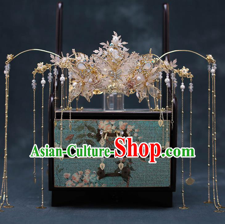Chinese Traditional Silk Flowers Phoenix Coronet Bride Handmade Tassel Hairpins Wedding Hair Accessories Complete Set for Women