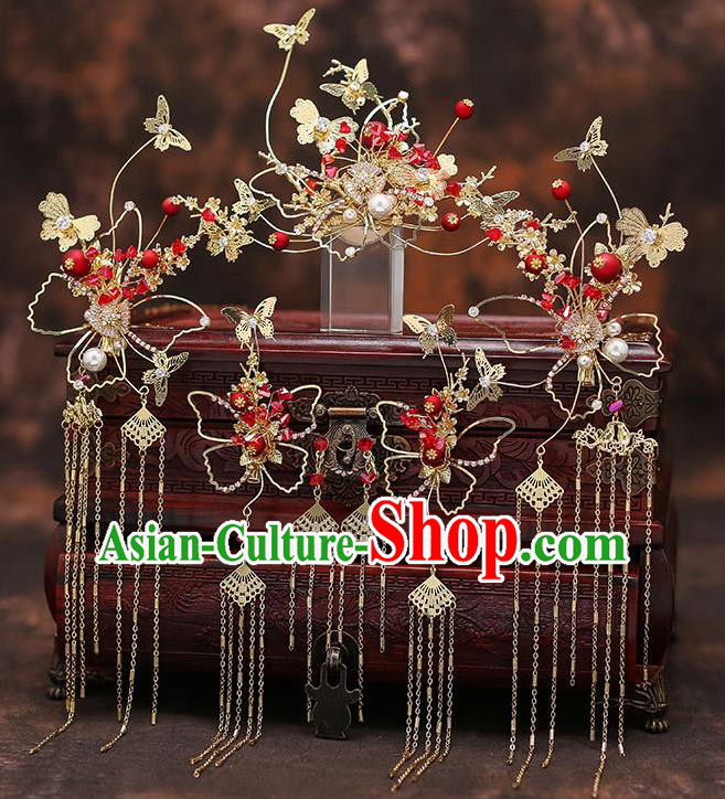 Chinese Traditional Golden Butterfly Hair Clasp Bride Handmade Tassel Hairpins Wedding Hair Accessories Complete Set for Women