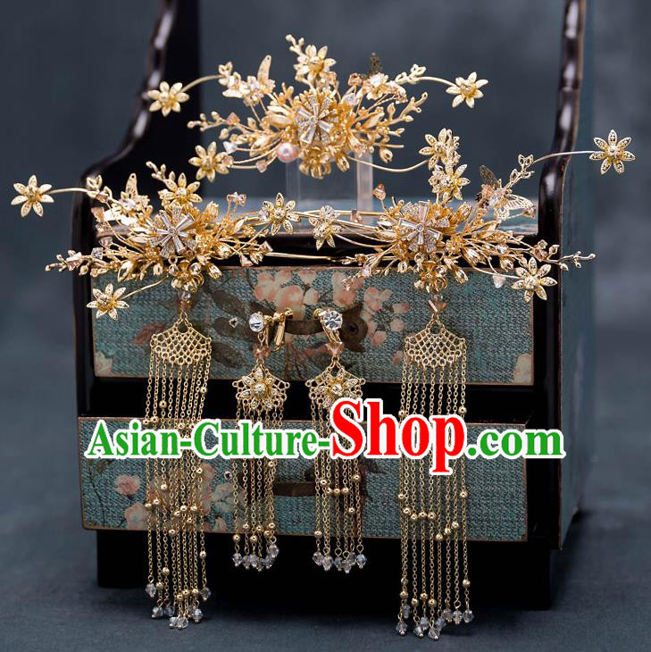 Chinese Traditional Golden Flower Hair Crown Bride Handmade Tassel Hairpins Wedding Hair Accessories Complete Set for Women