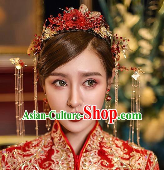 Chinese Traditional Red Flowers Phoenix Coronet Bride Handmade Tassel Hairpins Wedding Hair Accessories Complete Set for Women