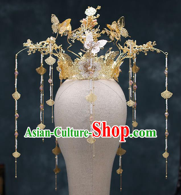Chinese Traditional Butterfly Hair Crown Bride Handmade Tassel Hairpins Wedding Hair Accessories Complete Set for Women