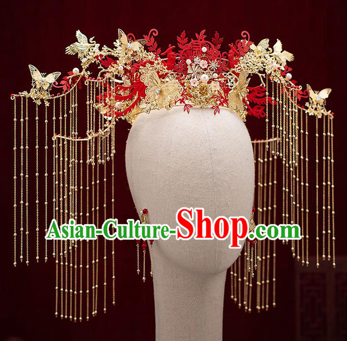 Chinese Traditional Tassel Phoenix Coronet Bride Handmade Hairpins Wedding Hair Accessories Complete Set for Women
