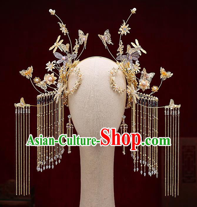 Chinese Traditional Golden Hair Clasp Bride Handmade Tassel Hairpins Wedding Hair Accessories Complete Set for Women