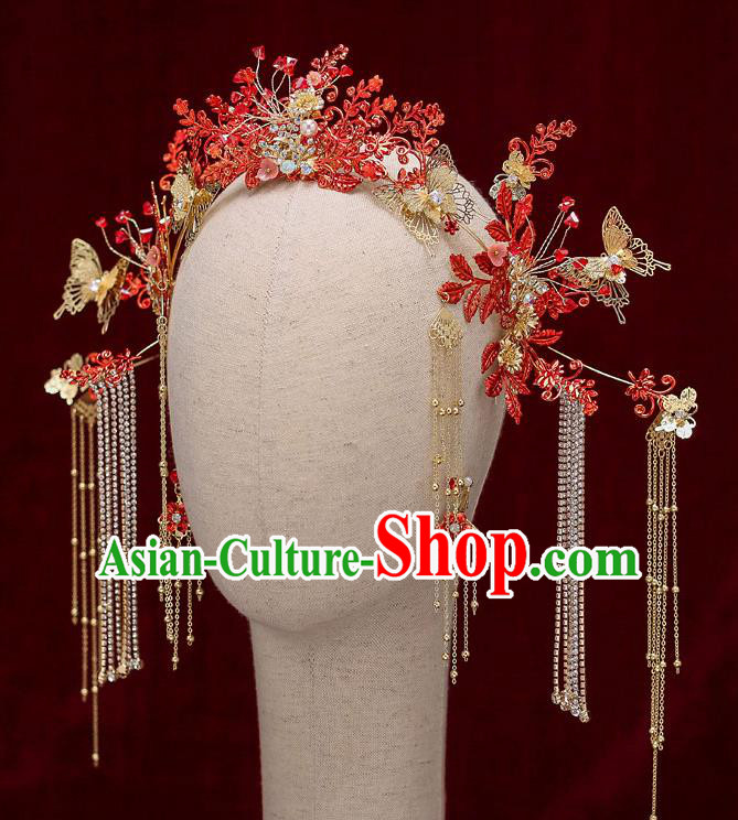 Chinese Traditional Wedding Red Leaf Hair Clasp Bride Handmade Tassel Hairpins Hair Accessories Complete Set for Women