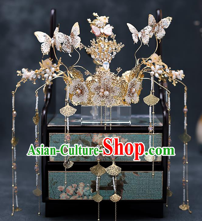 Chinese Traditional Wedding Crystal Butterfly Hair Crown Bride Handmade Tassel Hairpins Hair Accessories Complete Set for Women