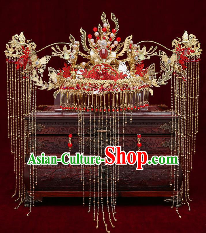 Chinese Traditional Wedding Red Crystal Phoenix Coronet Bride Handmade Tassel Hairpins Hair Accessories Complete Set for Women