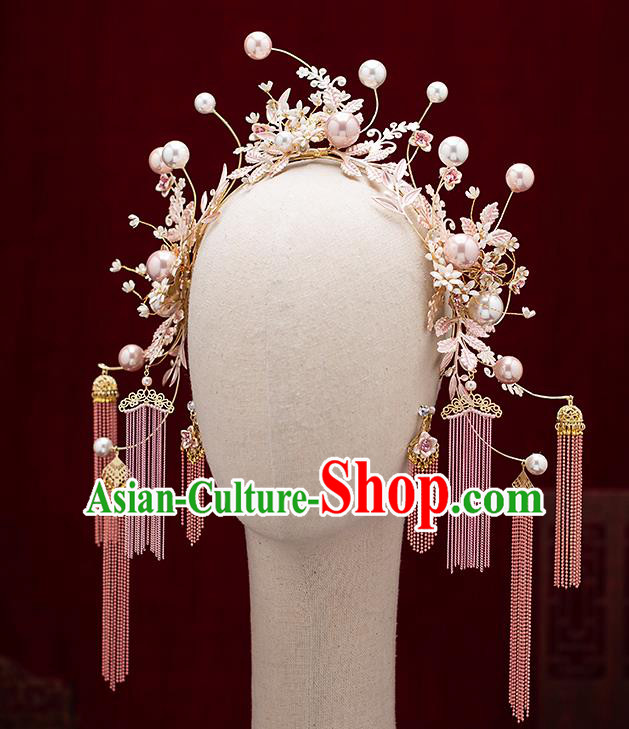 Chinese Traditional Wedding Pink Tassel Hair Clasp Bride Handmade Hairpins Hair Accessories Complete Set for Women