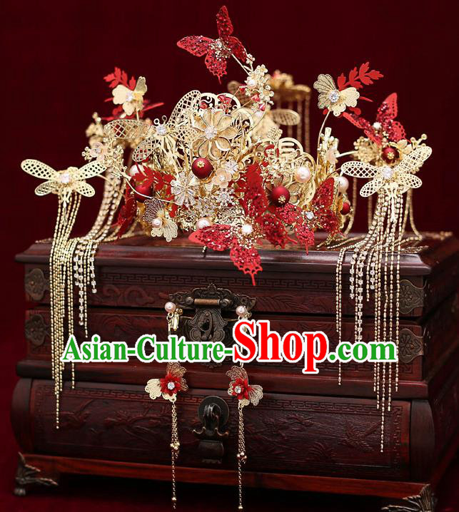 Chinese Traditional Wedding Red Butterfly Hair Crown Bride Handmade Tassel Hairpins Hair Accessories Complete Set for Women