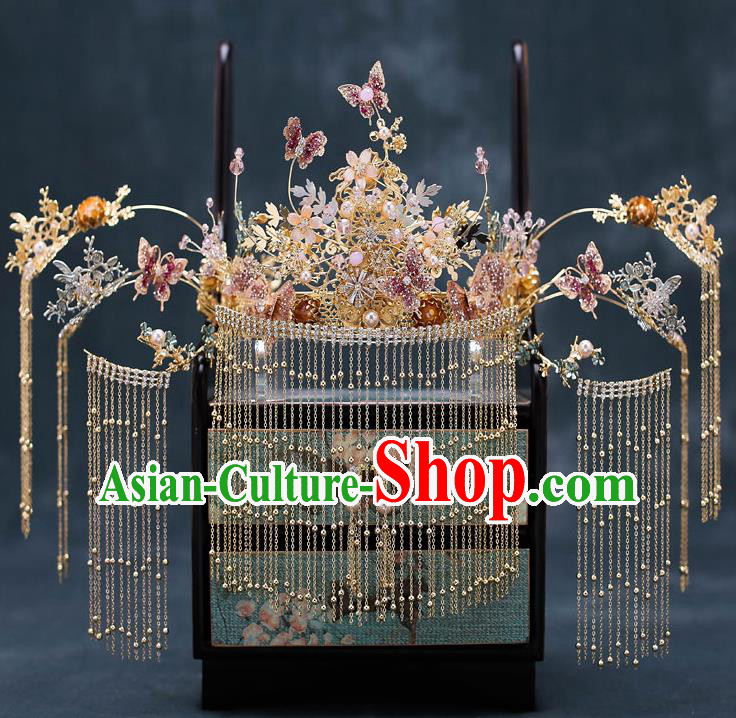 Chinese Traditional Wedding Purple Butterfly Hair Crown Bride Handmade Tassel Hairpins Hair Accessories Complete Set for Women