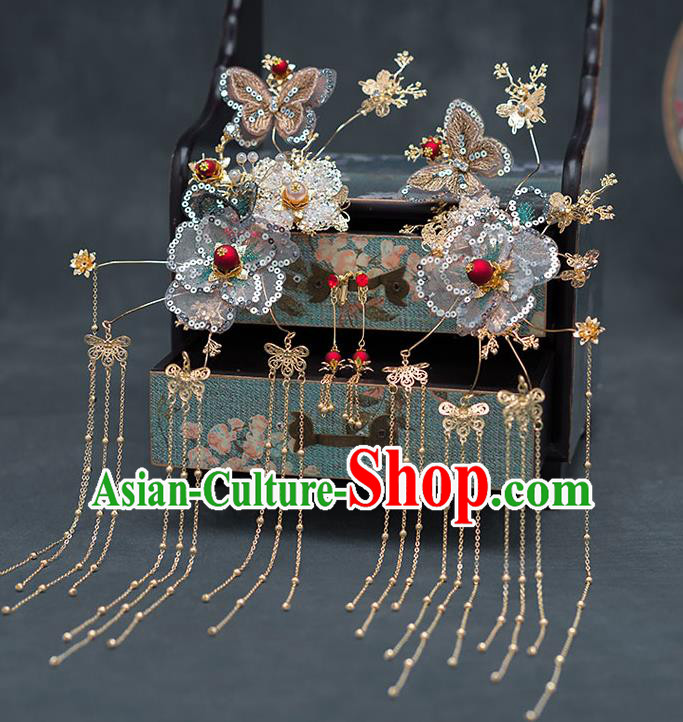 Chinese Traditional Bride Butterfly Tassel Hair Clips Handmade Hairpins Wedding Hair Accessories Complete Set for Women