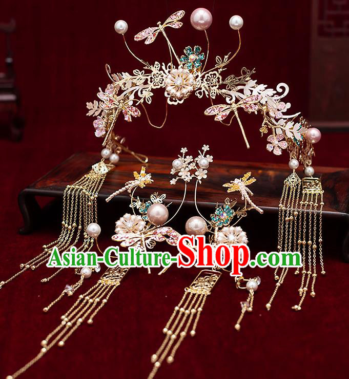 Chinese Traditional Bride Tassel Dragonfly Hair Clasp Handmade Hairpins Wedding Hair Accessories Complete Set for Women