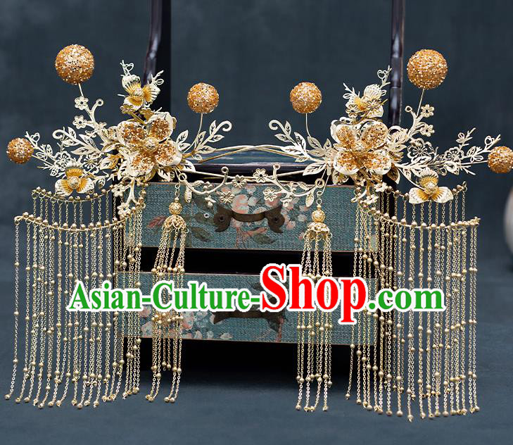 Chinese Traditional Bride Golden Tassel Hair Comb Handmade Hairpins Wedding Hair Accessories Complete Set for Women