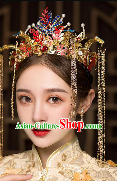 Chinese Traditional Blueing Phoenix Coronet Bride Handmade Hairpins Wedding Hair Accessories Complete Set for Women