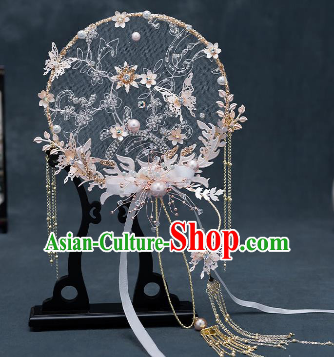 Chinese Traditional Wedding Pink Butterfly Palace Fans Ancient Bride Prop Round Fan for Men