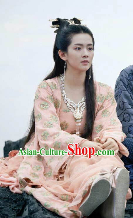 Chinese Ancient Princess of Yin Empire Bai Zhou Pink Hanfu Dress Drama Novoland Eagle Flag Replica Costumes for Women