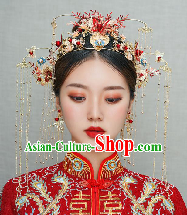 Chinese Traditional Bride Red Butterfly Hair Clasp Handmade Hairpins Wedding Hair Accessories Complete Set for Women