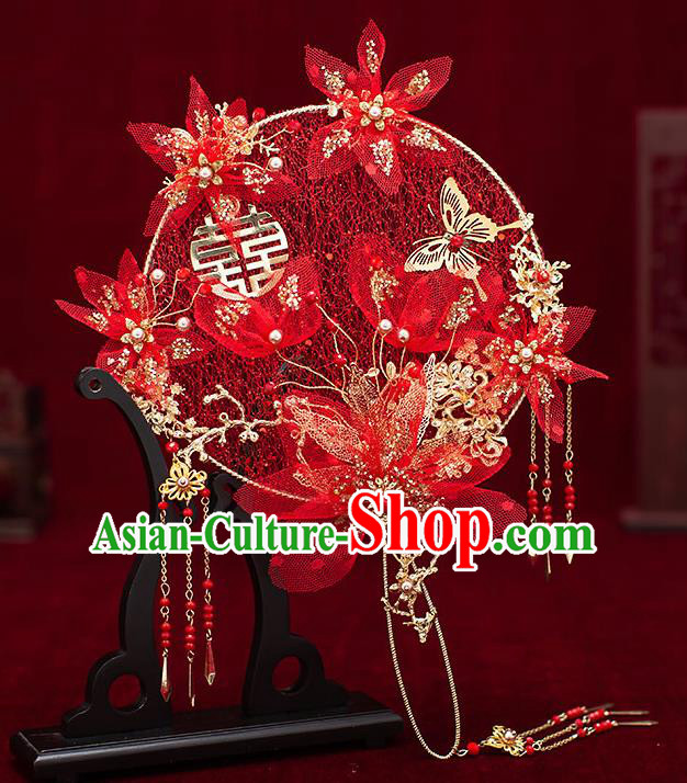 Chinese Traditional Wedding Red Silk Flowers Palace Fans Ancient Bride Prop Round Fan for Men
