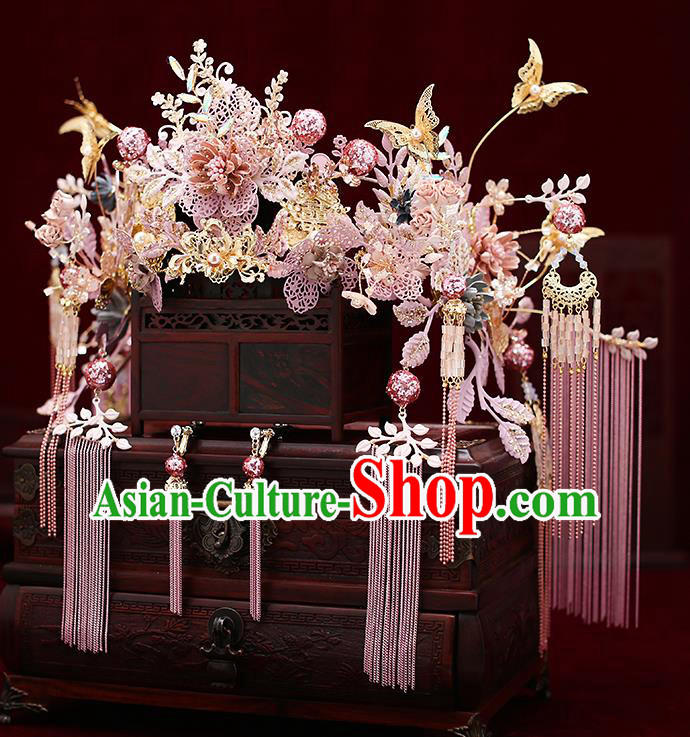 Chinese Traditional Wedding Pink Flowers Phoenix Coronet Bride Handmade Tassel Hairpins Hair Accessories Complete Set for Women