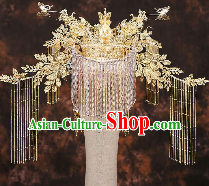 Chinese Traditional Wedding Golden Leaf Phoenix Coronet Bride Handmade Tassel Hairpins Hair Accessories Complete Set for Women