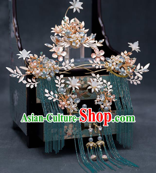 Top Chinese Traditional Wedding Hair Comb Bride Handmade Tassel Hairpins Hair Accessories Complete Set