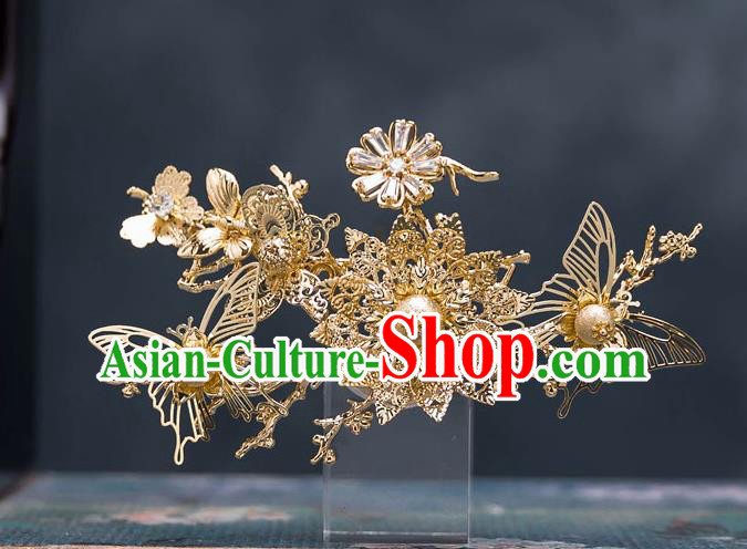 Top Chinese Traditional Wedding Golden Butterfly Hair Comb Bride Handmade Tassel Hairpins Hair Accessories Complete Set