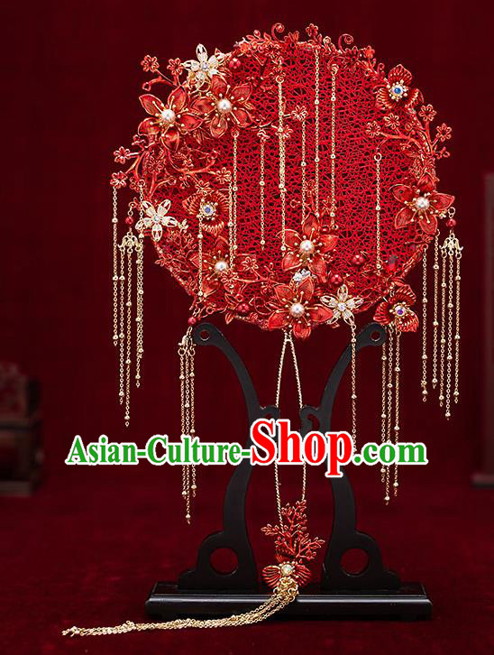 Chinese Traditional Wedding Red Silk Palace Fans Ancient Bride Prop Round Fan for Women