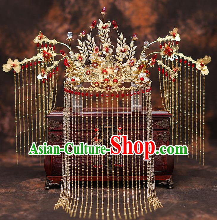 Top Chinese Traditional Wedding Golden Phoenix Coronet Bride Handmade Tassel Hairpins Hair Accessories Complete Set