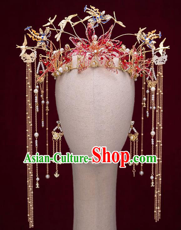 Top Chinese Traditional Wedding Golden Dragonfly Hair Crown Bride Handmade Tassel Hairpins Hair Accessories Complete Set
