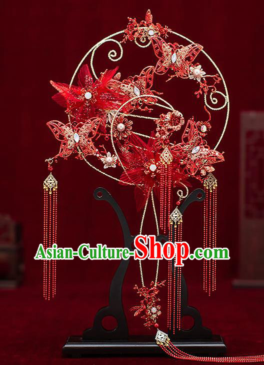 Chinese Traditional Wedding Red Flower Butterfly Palace Fans Ancient Bride Prop Round Fan for Women
