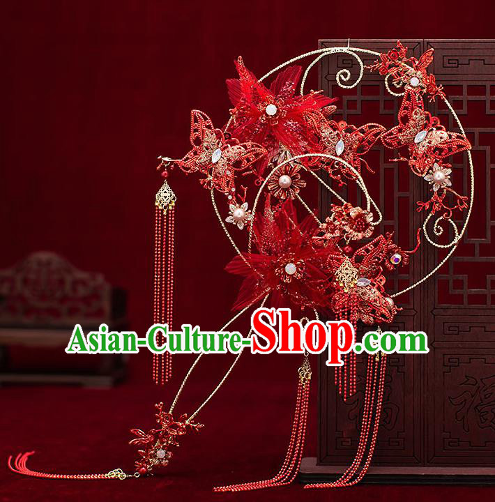Chinese Traditional Wedding Red Flower Butterfly Palace Fans Ancient Bride Prop Round Fan for Men
