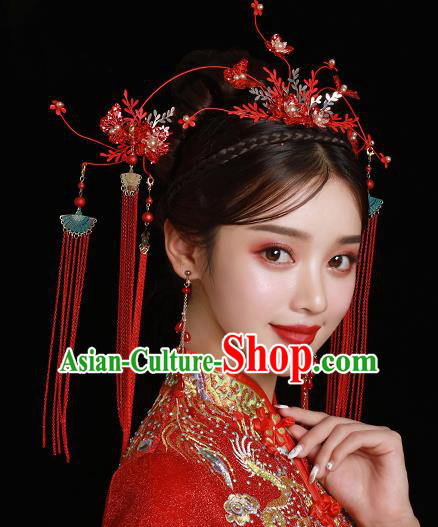 Top Chinese Traditional Wedding Red Leaf Hair Clasp Bride Handmade Tassel Hairpins Hair Accessories Complete Set