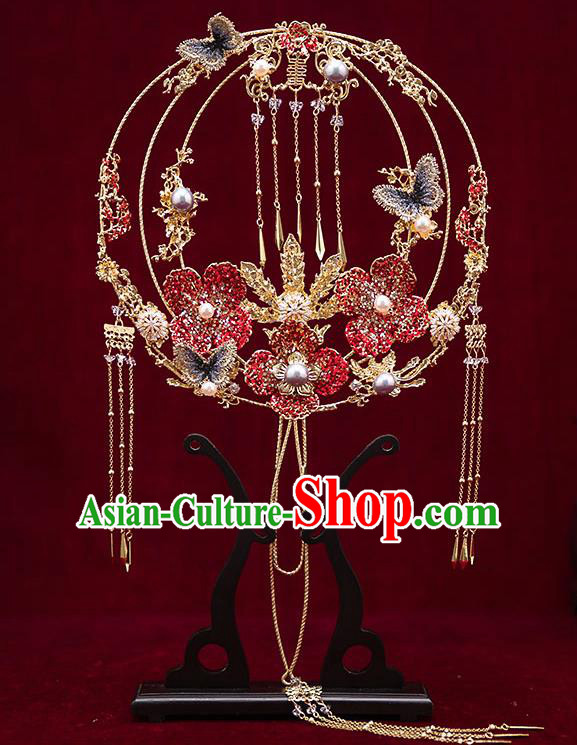 Chinese Traditional Wedding Red Crystal Flower Palace Fans Ancient Bride Prop Round Fan for Men