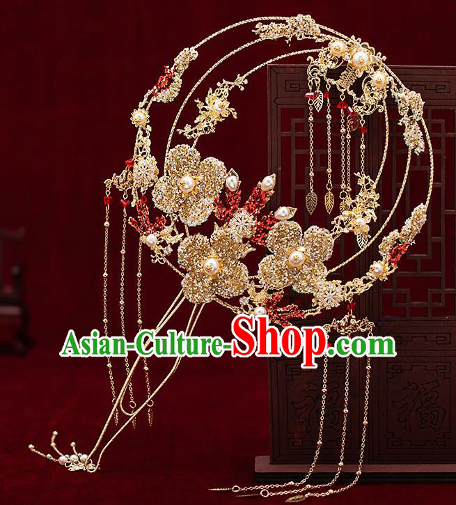 Chinese Traditional Wedding Golden Crystal Flower Palace Fans Ancient Bride Prop Round Fan for Men