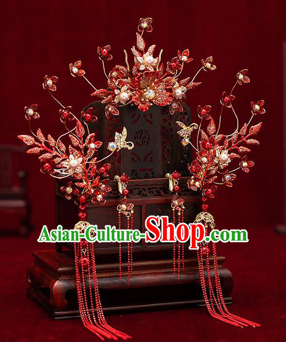 Top Chinese Traditional Wedding Red Flowers Hair Comb Bride Handmade Tassel Hairpins Hair Accessories Complete Set