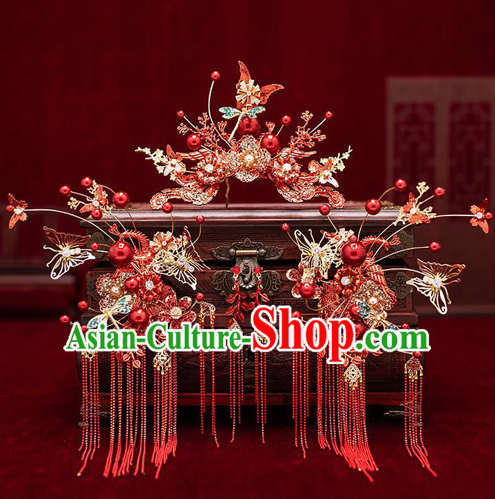 Top Chinese Traditional Wedding Red Butterfly Flowers Hair Comb Bride Handmade Tassel Hairpins Hair Accessories Complete Set