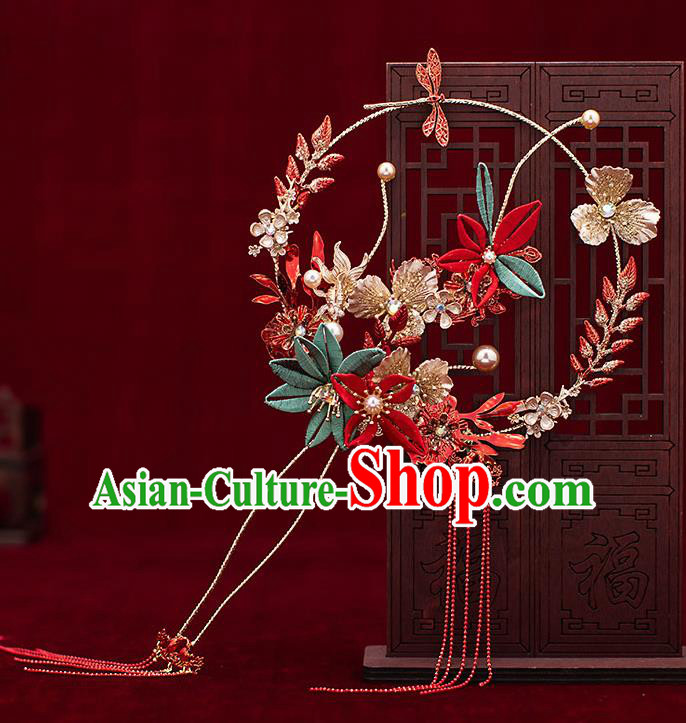 Chinese Traditional Wedding Red Tassel Palace Fans Ancient Bride Prop Round Fan for Men