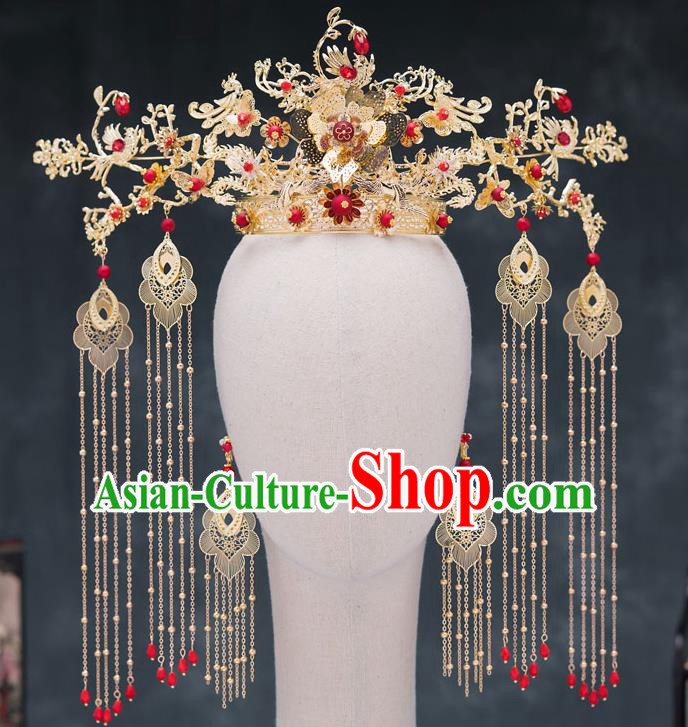 Top Chinese Traditional Wedding Hair Crown Bride Handmade Tassel Hairpins Hair Accessories Complete Set