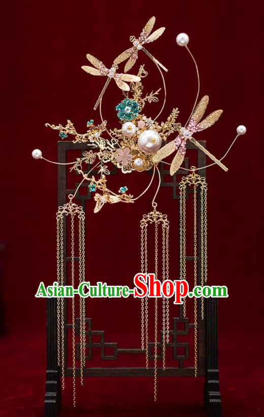 Top Chinese Traditional Wedding Dragonfly Hair Claws Bride Handmade Tassel Hairpins Hair Accessories Complete Set