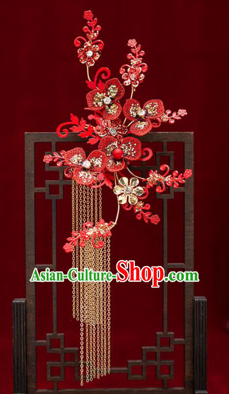 Top Chinese Traditional Wedding Red Flowers Hair Claws Bride Handmade Tassel Hairpins Hair Accessories Complete Set