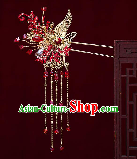 Top Chinese Traditional Wedding Golden Crane Hair Comb Bride Handmade Tassel Hairpins Hair Accessories Complete Set