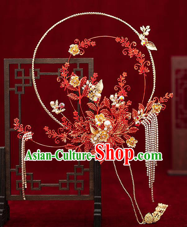 Chinese Traditional Wedding Red Leaf Palace Fans Ancient Bride Prop Round Fan for Men