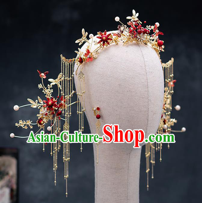 Top Chinese Traditional Wedding Dragonfly Tassel Phoenix Coronet Bride Handmade Hairpins Hair Accessories Complete Set
